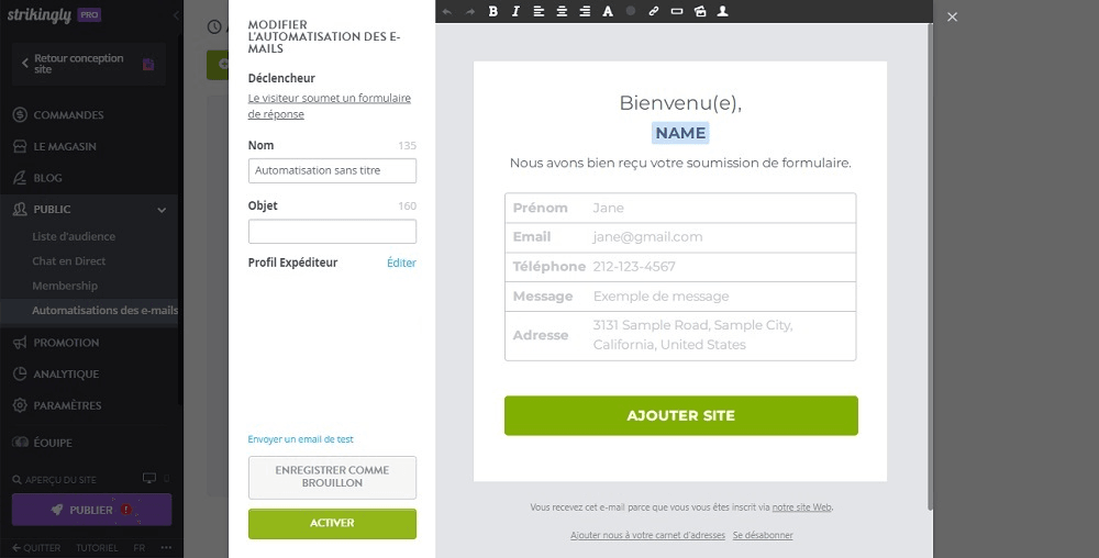 null : Email Automatique Strikingly